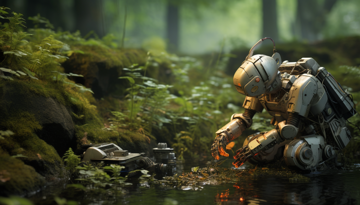 Robot cultivador Biork en un bosque bioluminiscente